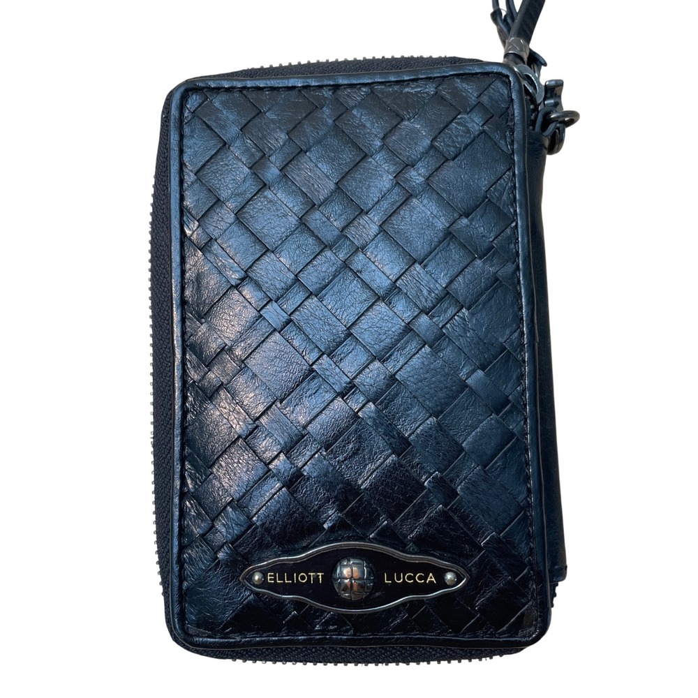 Elliott Lucca‎ Black Woven Leather Zip Around Wristlet Wallet Organizer
